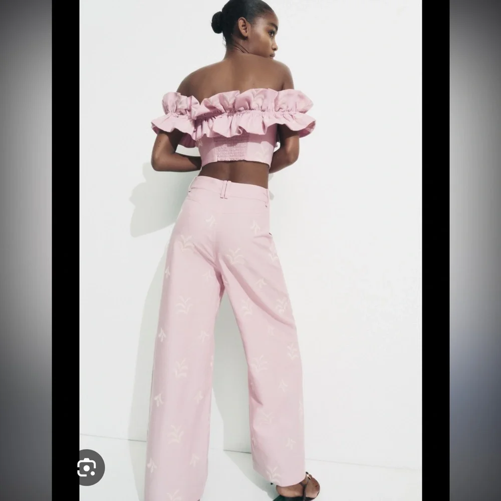 ZARA EMBROIDERED LINEN BLEND PANTS